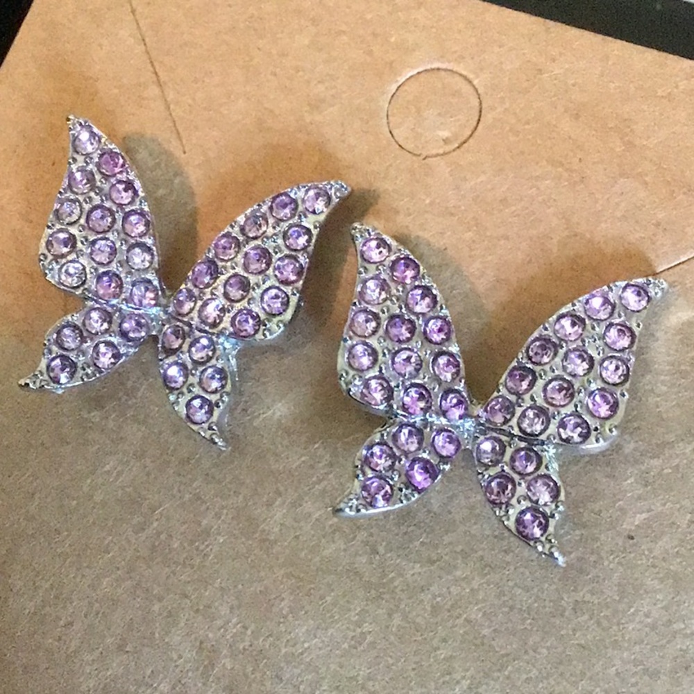 Purple Rhinestone Butterfly Dangle Earring Silver Tone New